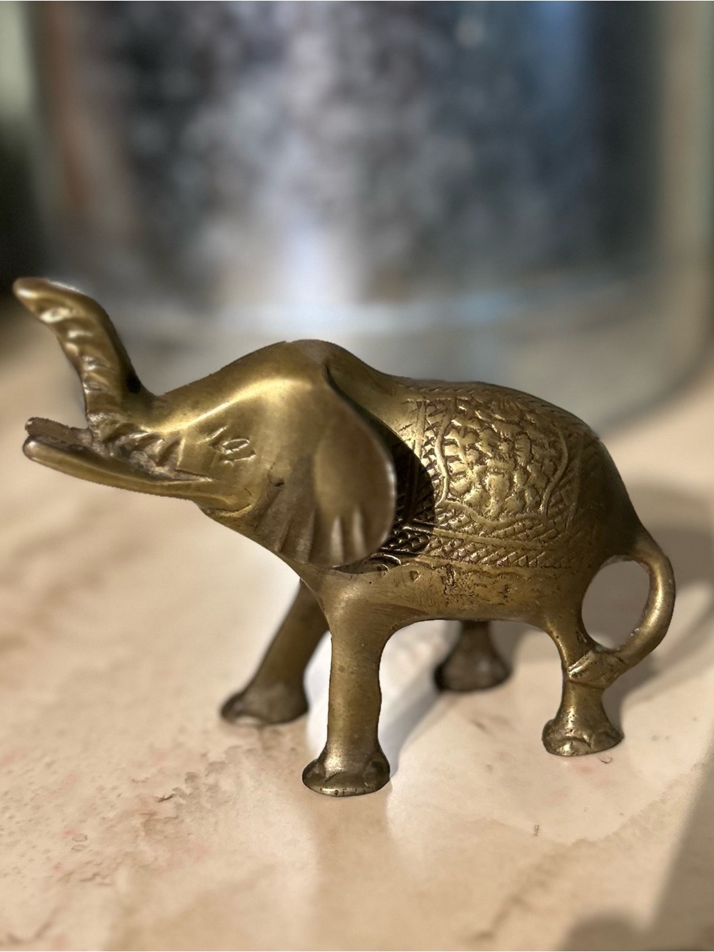 Vintage 5.75” Solid Brass Lucky Elephant Figurine “Trunks Up” Statue India Boho